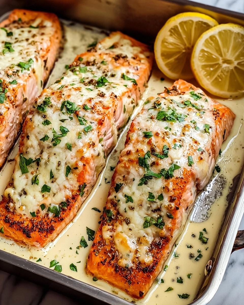 The image shows three thick salmon fillets arranged closely side by side in a metal pan on a white marbled surface. Each fillet is cooked to a golden brown and topped with a creamy, slightly melted white cheese layer sprinkled with small green herb pieces, mainly parsley. The salmon flesh beneath the cheese is an orange-pink shade with a grilled texture on the edges. Surrounding the salmon is a creamy sauce with a pale yellow color and a few specks of herbs. To the back right of the pan, there are three lemon wedges with bright yellow skin. The photo taken with an iphone --ar 4:5 --v 7