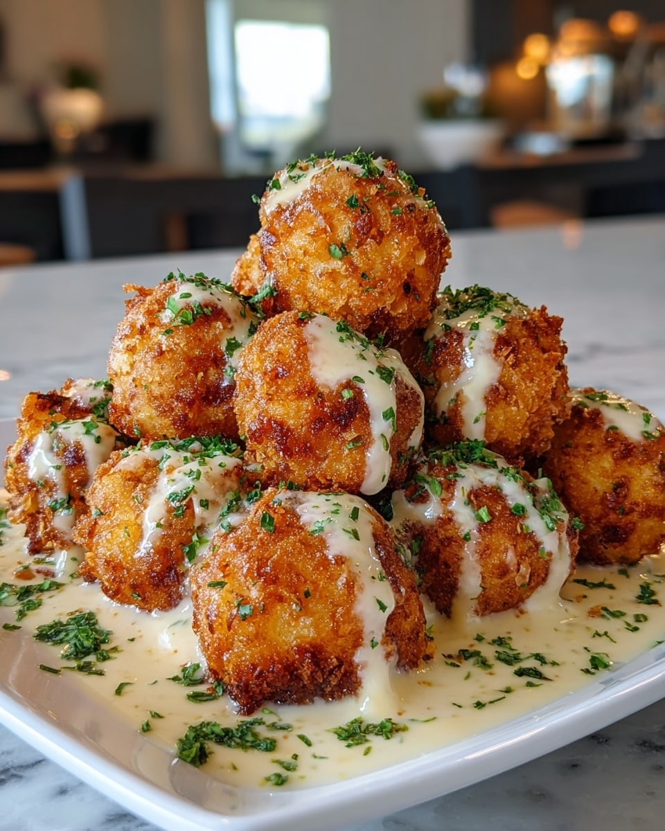 A black cast iron skillet filled with a layered baked dish featuring golden brown tater tots on top, covered with melted sharp cheddar cheese giving a rich orange color, drizzled with white creamy sauce, and sprinkled with small bits of crispy brown bacon and finely chopped green chives. A silver spoon is lifting a portion showing a creamy white chicken and cheese mix underneath, with melted cheese strands stretching from the skillet. The background is a white marbled texture. photo taken with an iphone --ar 4:5 --v 7