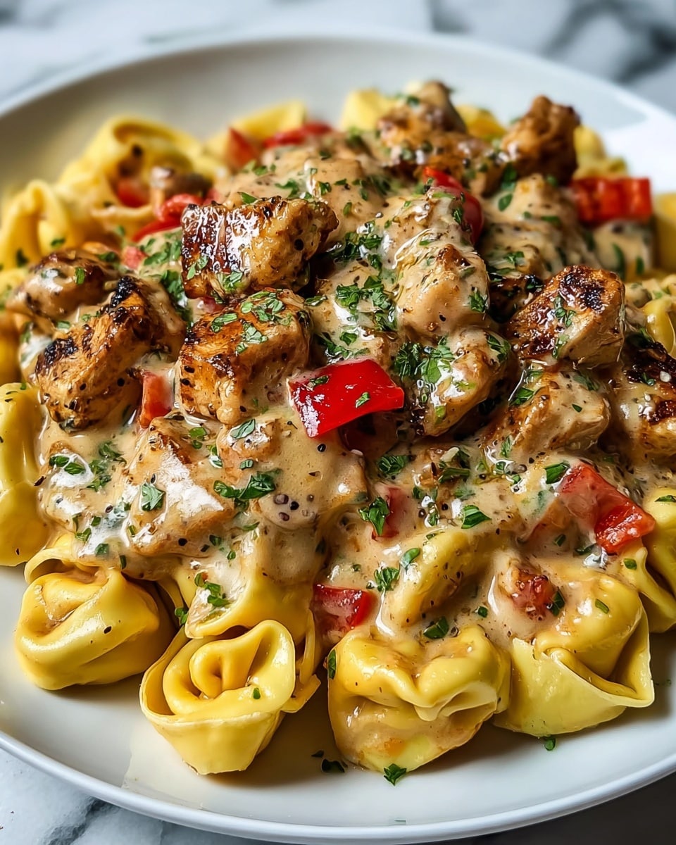 The dish is a plate of creamy tortellini pasta topped with grilled pieces of chicken. The pasta is golden yellow, folded into small, round shapes with smooth texture, sitting at the bottom layer. On top, there are chunks of browned, grilled chicken coated with a creamy beige sauce flecked with black pepper and herbs. Small pieces of red bell pepper are scattered around, adding bright red spots throughout the dish. The entire plate is garnished with finely chopped green parsley, sprinkled evenly across the tortellini and chicken. This is all served on a white plate placed on a white marbled surface. Photo taken with an iphone --ar 4:5 --v 7
