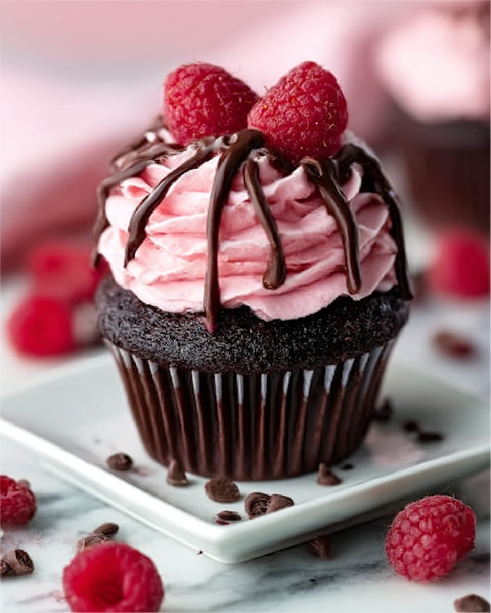 A chocolate cupcake with dark brown cake at the bottom sits on a small white square plate. On top, there is a thick swirl of smooth light pink frosting, layered generously. Two fresh red raspberries rest on the frosting, and dark brown chocolate drizzle is artistically spread over the frosting and raspberries. The cupcake liner is dark brown, matching the cake color. The background shows a white marbled surface with scattered red raspberries and small chocolate chips around the plate. Photo taken with an iphone --ar 4:5 --v 7
