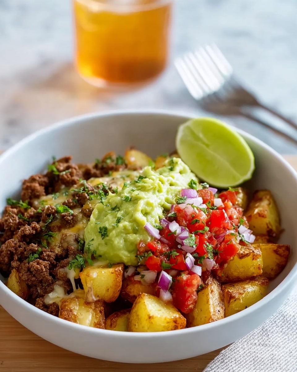 A white bowl filled with several layers starting with golden, crispy roasted potato pieces at the bottom. On top of the potatoes, there is a layer of browned ground meat mixed with melted cheese that has a light yellow and slightly gooey texture. Above that, there is a fresh mix of finely chopped red tomatoes, purple onions, and green herbs. The top layer is a generous scoop of green guacamole with a chunky texture. A lime wedge is placed on the side inside the bowl. Next to the bowl, there is a silver fork and a glass filled with iced amber-colored drink, all set on a white marbled surface. Photo taken with an iphone --ar 4:5 --v 7
