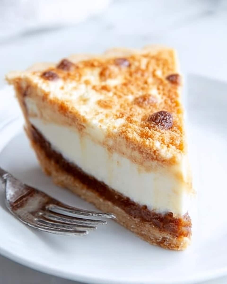 A close-up slice of a pie with three layers: a light golden brown, slightly crunchy layer on top with small dark brown spots; a thick, creamy white middle layer with a smooth texture; and a thin, rich brown base crust. The slice is placed on a plain white plate on a white marbled surface, with a shiny silver fork on the left side. photo taken with an iphone --ar 4:5 --v 7