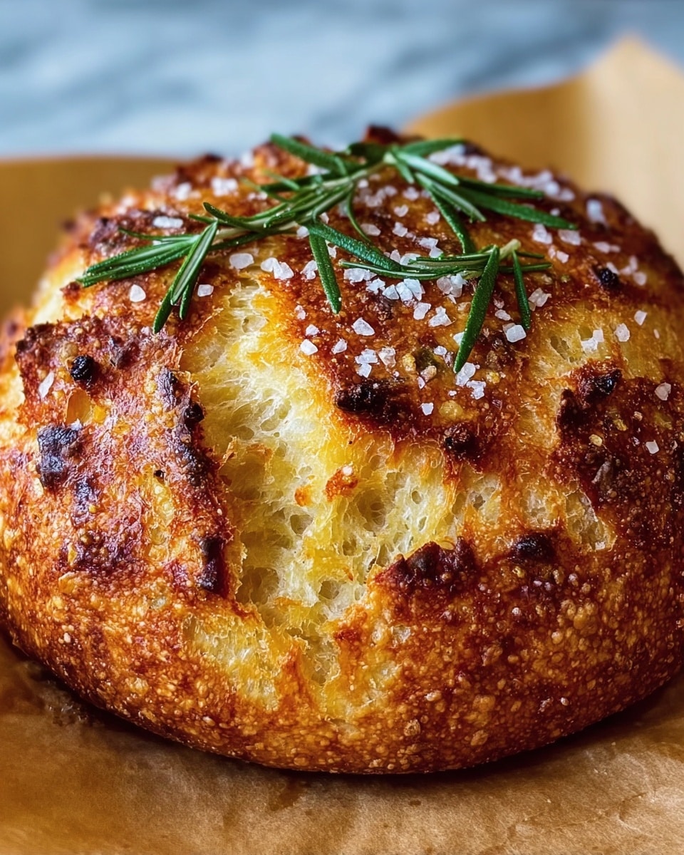 A close-up of a round loaf of bread with one main layer. The bread has a golden-brown crust that looks crunchy and rough with some small dark brown spots. The inner part is light yellow and soft with visible air holes. The top of the bread is sprinkled with coarse salt crystals and decorated with fresh green rosemary sprigs. The loaf sits on a sheet of light brown parchment paper, all placed on a white marbled surface. photo taken with an iphone --ar 4:5 --v 7