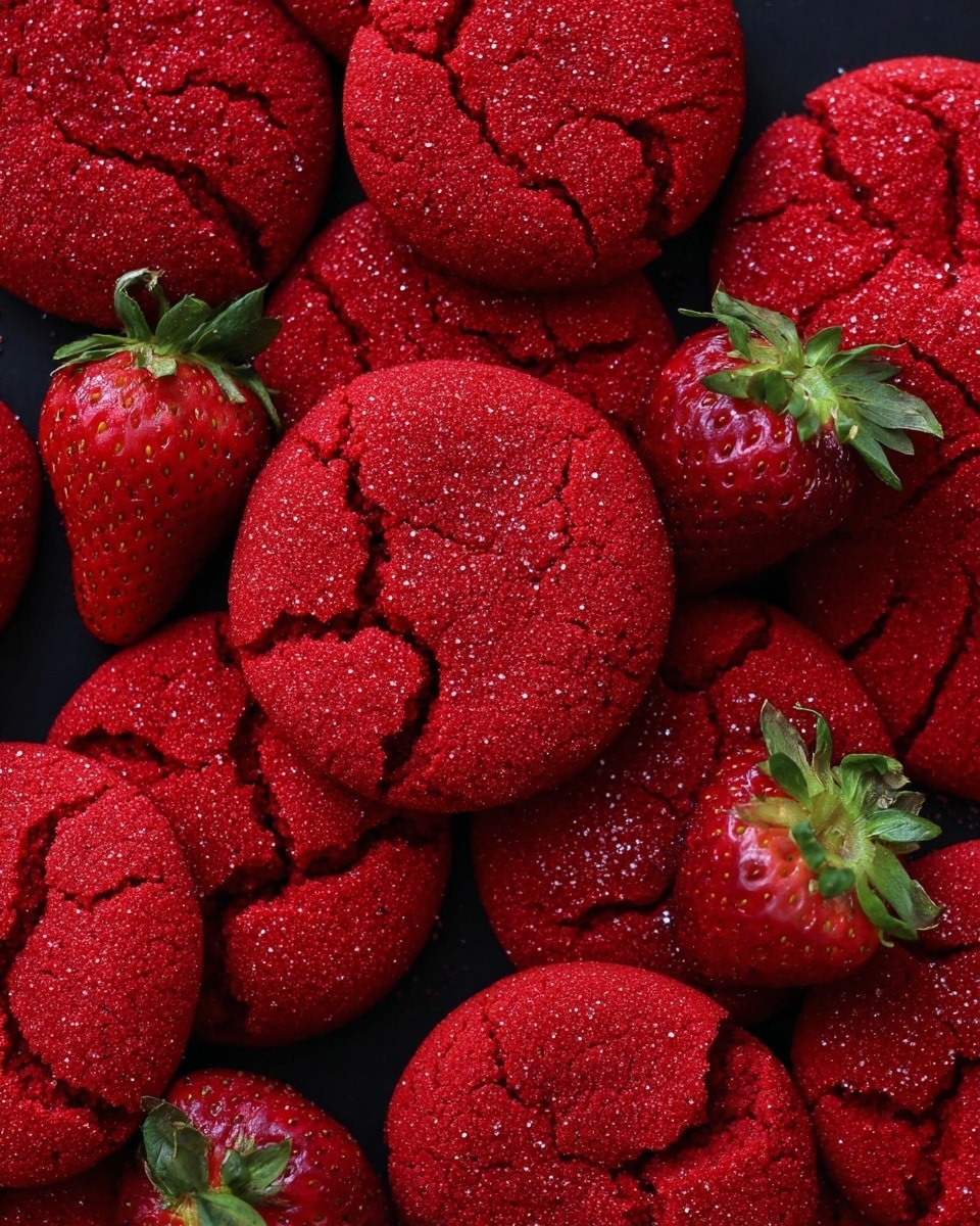 A close-up view of a group of bright red cookies with a rough, cracked texture, arranged closely on a dark background. The cookies have a sugary sparkle on their surface, giving them a slightly shiny look. Fresh red strawberries with green tops are scattered among the cookies, adding contrast with smooth and shiny surfaces to the rough texture of the cookies. The scene shows only one layer of cookies and strawberries spread out flat, with no plates or bowls visible. photo taken with an iphone --ar 4:5 --v 7
