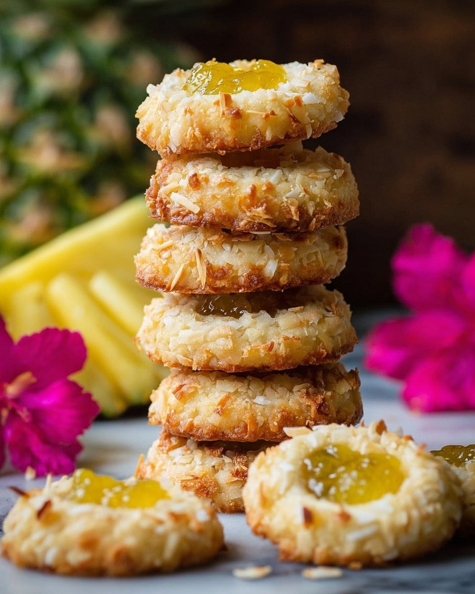The image shows a tall stack of six round cookies with a rough texture covered in toasted coconut flakes, each cookie having a small well in the center filled with shiny, yellow pineapple jam. Around the base of the stack, there are a few more cookies lying flat, showing their golden-brown edges and textured tops. The background includes blurred slices of fresh pineapple and bright pink flowers, all set on a white marbled surface. photo taken with an iphone --ar 4:5 --v 7