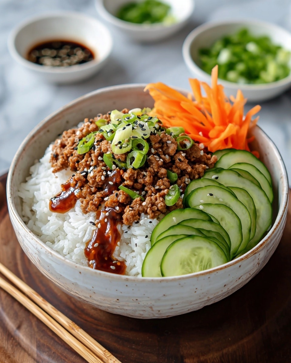 A bowl with three main layers: the bottom layer is white cooked rice with a soft, fluffy texture; on top of the rice is a layer of cooked ground meat drizzled with a dark brown sauce; placed on one side are bright green sliced cucumbers arranged neatly in a fan shape; next to the cucumber is a small pile of thin, orange carrot strips sprinkled with black sesame seeds; scattered over the meat and carrot are chopped green onions and white sesame seeds. The bowl is white with slight brown speckles, set on a white marbled surface with chopsticks next to it, and in the background two small white bowls with sauces and chopped green onions. photo taken with an iphone --ar 4:5 --v 7