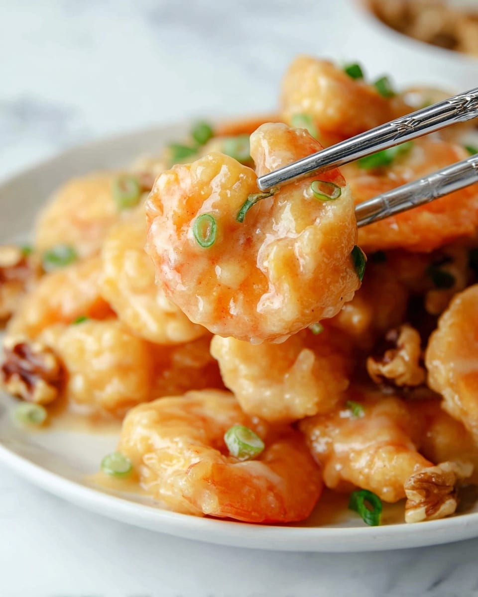 A close-up of a fried shrimp coated in a light golden, creamy sauce with small green onion pieces on top, held by silver chopsticks. Below it, a white plate is filled with more fried shrimp that have a crispy, pale golden texture, scattered with sliced green onions and a few walnuts visible among the shrimp. The background shows a soft, white marbled texture. photo taken with an iphone --ar 4:5 --v 7