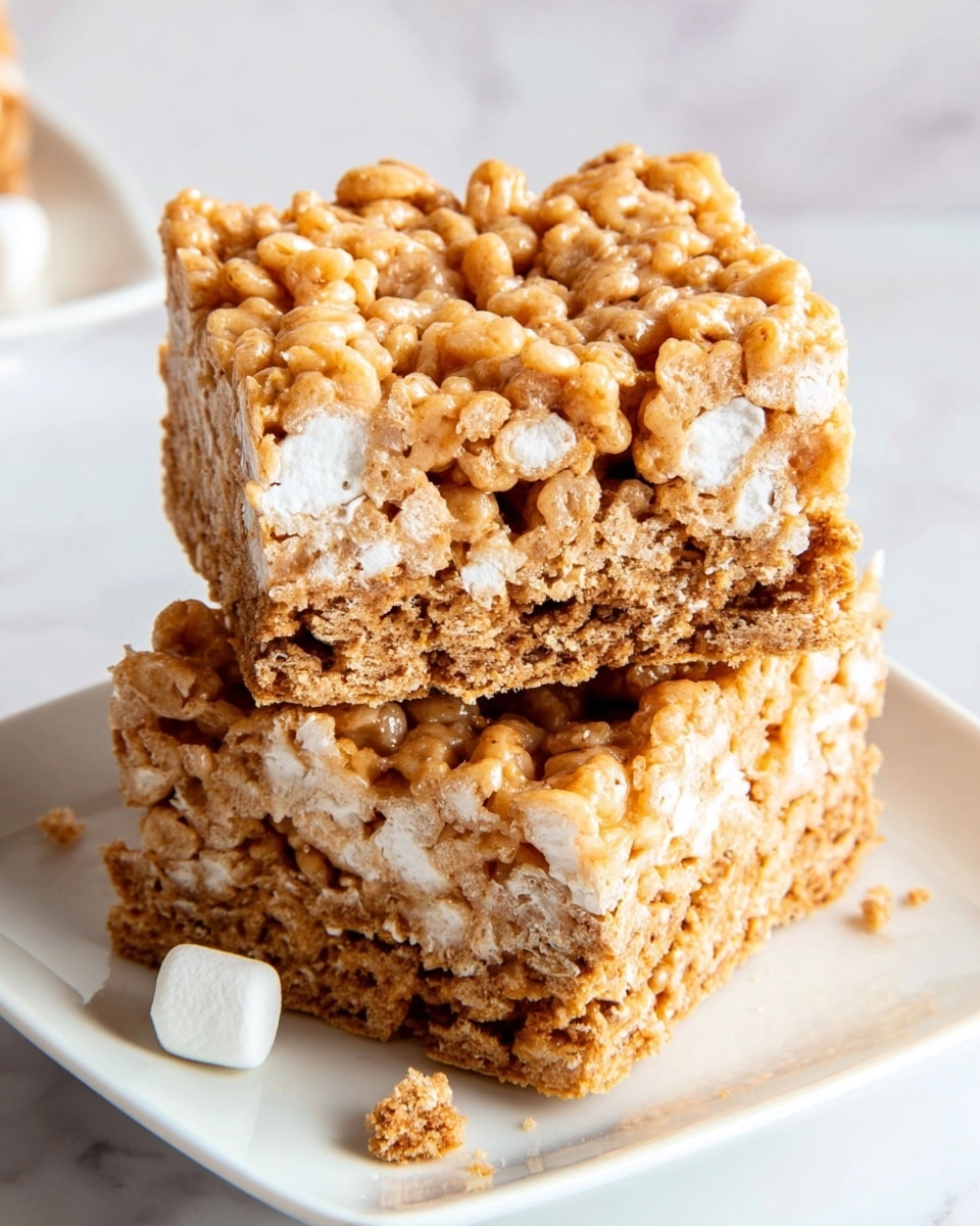 The image shows two stacked square rice cereal treats with multiple layers. The top layer is a light golden brown mix of puffed rice cereal and melted marshmallows, giving a soft, sticky, and slightly shiny texture. Below this, chunks of light brown, crumbly graham crackers add a rougher texture and deeper color. Parts of white marshmallows peek through the top layer, showing softness inside. The treats sit on a white square plate with some small crumbs scattered around. The background is a white marbled surface. photo taken with an iphone --ar 4:5 --v 7
