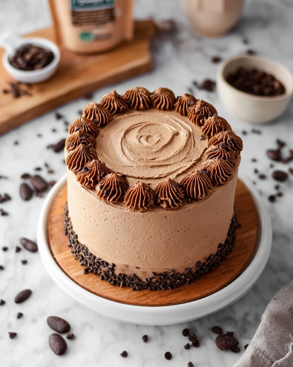 The image shows a three-layer chocolate cake covered with light brown chocolate frosting. The top layer has a smooth circular swirl pattern in the middle, surrounded by a decorative ring of piped chocolate frosting rosettes. Small dark chocolate chips are sprinkled on top of the rosettes and around the base of the cake. The cake sits on a wooden plate, which is placed on a white plate, all set on a white marbled surface. Around the cake, there are scattered chocolate chips and oval-shaped chocolate pieces. Photo taken with an iphone --ar 4:5 --v 7