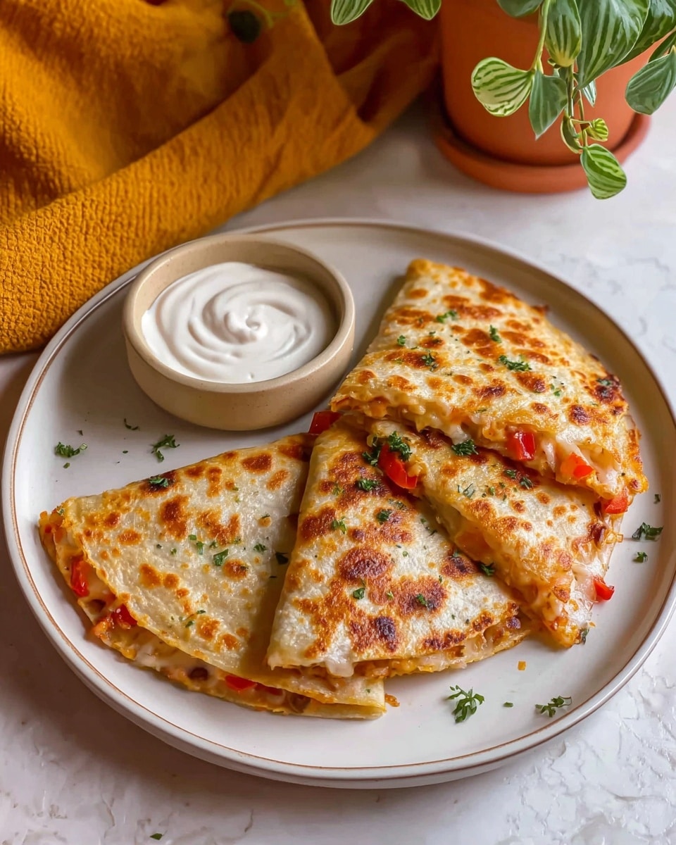 A white plate on a white marbled surface holds three folded quesadillas stacked slightly overlapping, each with a crispy golden brown outer layer speckled with light charring and garnished with small green herb pieces. Inside, melted cheese and bits of red bell pepper peek out from the edges. The plate also has a small beige bowl filled with smooth white sour cream placed near the quesadillas. In the background, a mustard yellow cloth and green leaves of a plant in a terracotta pot add warm tones to the setting. photo taken with an iphone --ar 4:5 --v 7