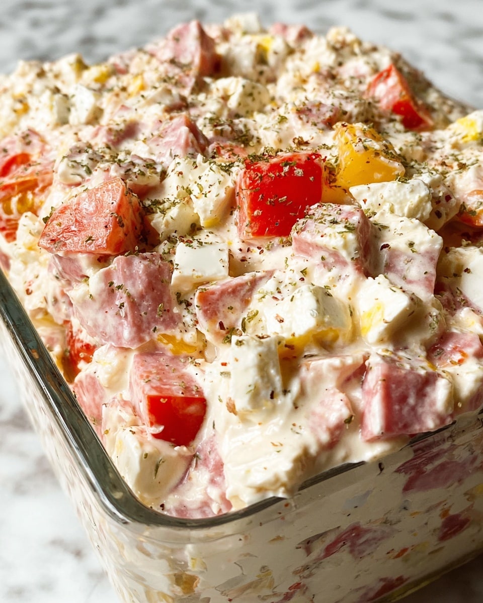 The dish is a creamy salad with visible layers of different ingredients mixed together closely. The base layer is a thick, off-white cream or sauce with a smooth and soft texture. On top of this creamy base are chunks of pinkish ham, bright red tomato pieces, and small white cheese crumbles scattered evenly throughout. There are also small bits of yellow, likely boiled egg pieces, and some green herbs sprinkled on the surface. The whole mix is lightly sprinkled with coarse black pepper and green seasoning, adding speckles of dark colors on top. The salad is presented in a clear glass container, and the background is a white marbled texture. photo taken with an iphone --ar 4:5 --v 7