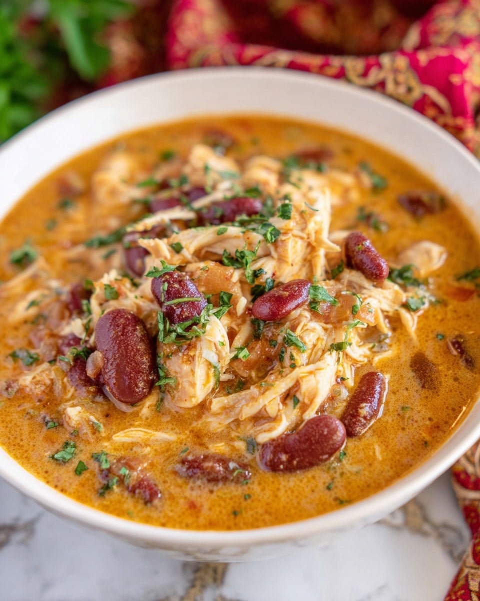 A white bowl filled with a thick stew showing three main layers: a creamy orange broth base, topped with shredded white chicken pieces, and kidney beans scattered across the top. Small green herb bits are sprinkled evenly on the surface, adding a fresh touch. The bowl sits on a white marbled surface with blurred hints of a patterned red cloth in the background. Photo taken with an iphone --ar 4:5 --v 7