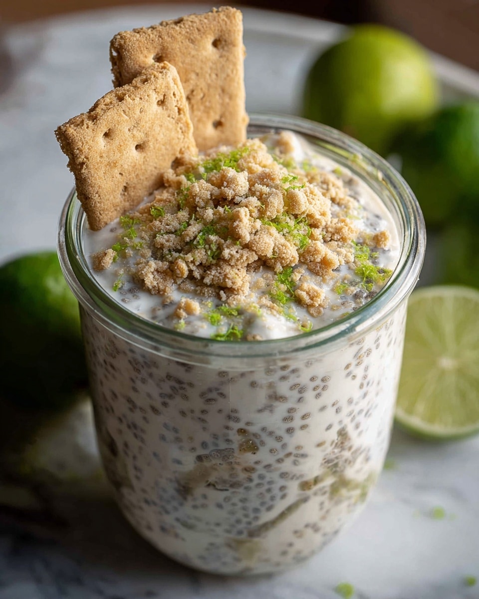 A clear glass jar filled with a creamy, thick mixture that has small, dark chia seeds evenly spread throughout. On top, there is a layer of crumbled beige graham cracker pieces and tiny green lime zest scattered lightly, adding texture and color contrast. Two larger graham cracker squares stand upright at the back edge of the jar, giving height to the presentation. The jar sits on a white marbled surface with green limes blurred in the background, creating a fresh and vibrant feel. Photo taken with an iphone --ar 4:5 --v 7