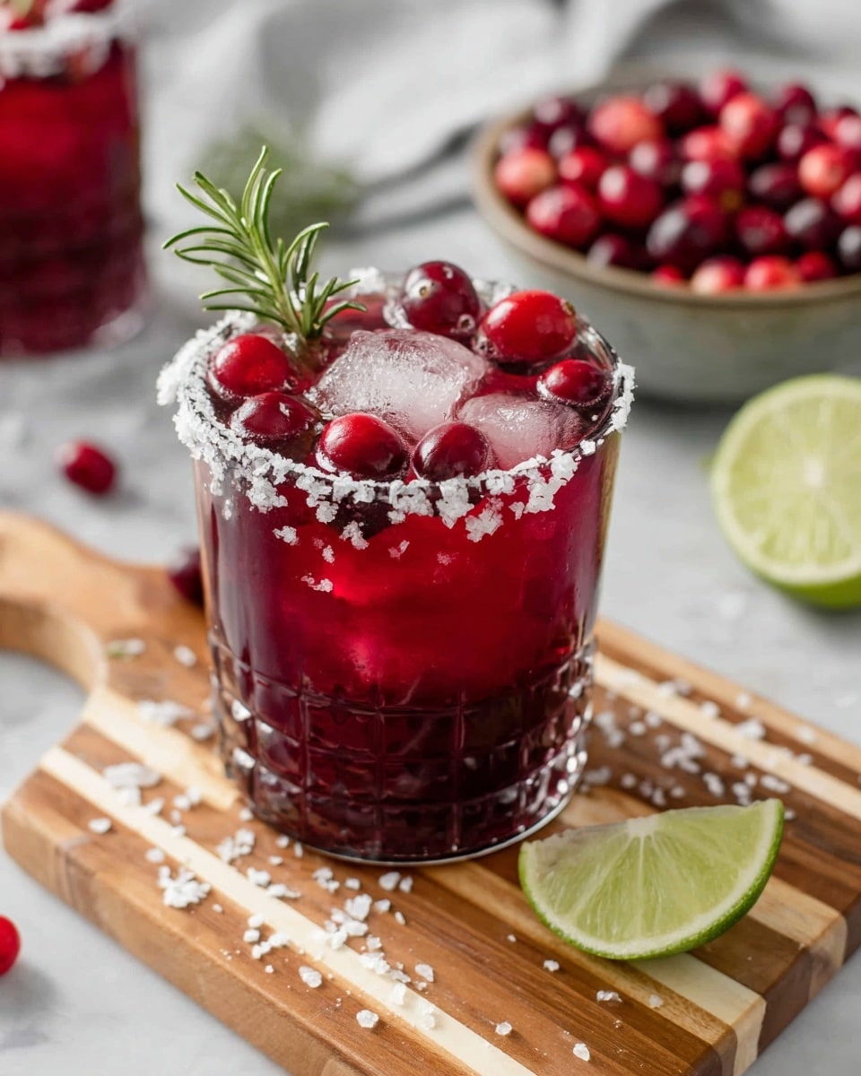The image shows a clear glass filled with a deep red liquid, ice cubes floating near the top, and whole cranberries scattered inside. The glass rim is coated with coarse salt, and a small sprig of green rosemary stands upright in the middle of the drink. The glass sits on a wooden cutting board with a light and dark striped pattern, sprinkled with more coarse salt. On the right side of the board, there is a lime wedge, and in the background, a bowl filled with fresh cranberries and a halved lime are slightly out of focus. The scene is set on a white marbled surface with soft natural lighting, creating a fresh and inviting atmosphere. Photo taken with an iphone --ar 4:5 --v 7