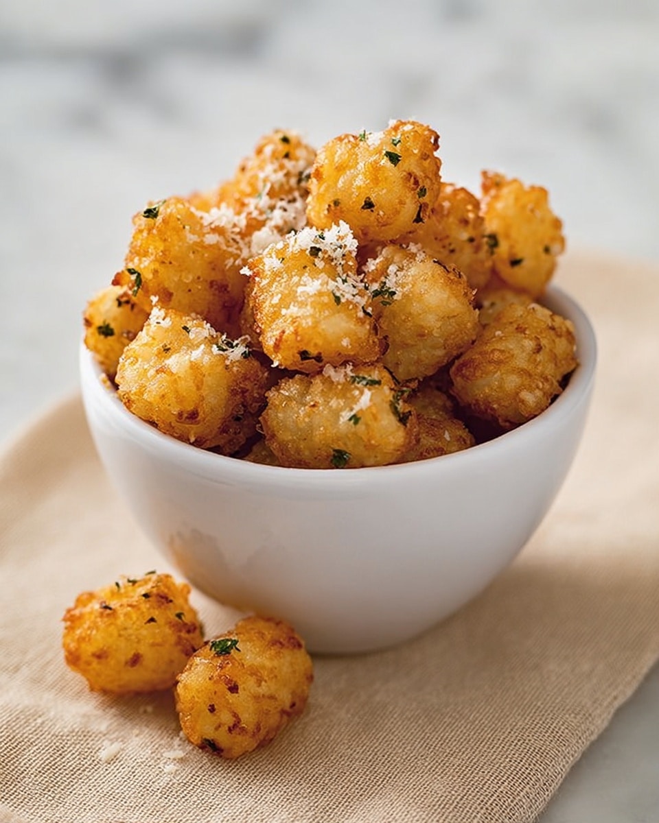 A white cup filled with golden brown tater tots, each piece crispy and sprinkled with small green herb bits and a light coating of grated cheese. The tater tots are piled above the rim, giving a sense of fullness and texture. Two tater tots sit beside the cup on a beige cloth that lies on a white marbled surface. The lighting highlights the crispy edges of the tater tots, making them look crunchy and inviting. Photo taken with an iphone --ar 4:5 --v 7