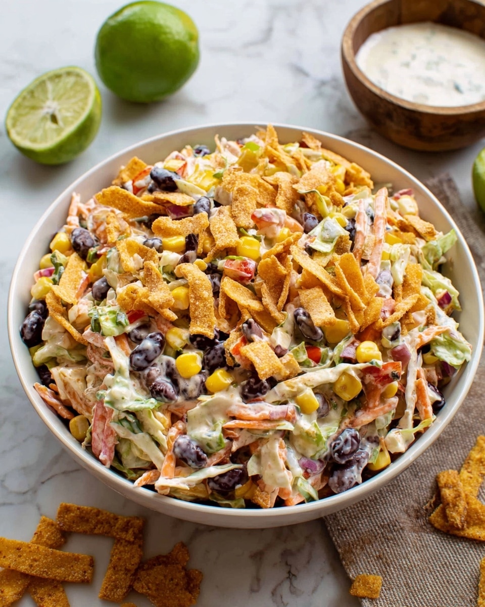 A large clear glass bowl filled with a colorful mixed salad that includes chopped white and purple cabbage, bright yellow corn kernels, black beans, diced orange carrots, and chopped green onions, all evenly mixed together. A creamy white dressing is being poured in the center of the salad from a clear measuring cup, slowly spreading out on top of the veggies. The bowl is set on a white marbled surface which softly reflects the bowl and its contents. photo taken with an iphone --ar 4:5 --v 7