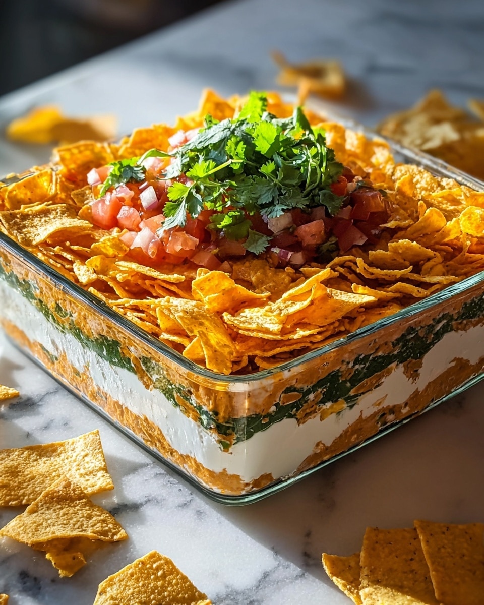 A square glass dish shows a layered dip with about six layers clearly visible: the bottom layer is a smooth white cream cheese or sour cream base, followed by a light orange layer of refried beans or a similar mix, then a layer of green chopped vegetables or herbs. Above that is another white creamy layer, topped by a mix of diced red tomatoes. The dip is finished with a dense layer of orange-yellow tortilla chips spread across the top, with a small bunch of fresh green cilantro placed right in the center. The dish is placed on a white marbled surface with some tortilla chips scattered nearby. The lighting highlights the texture and fresh colors of the dish. photo taken with an iphone --ar 4:5 --v 7