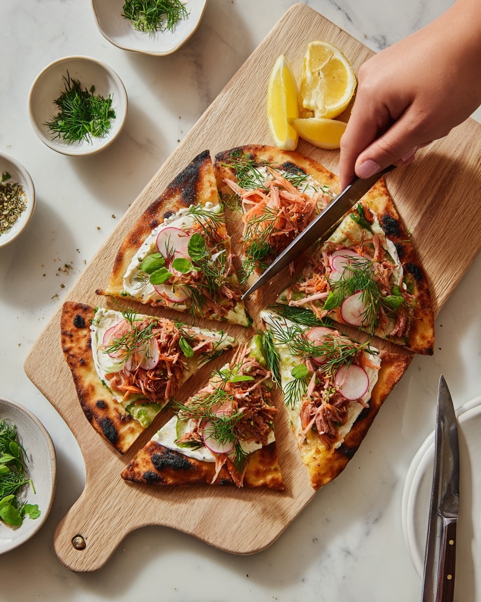 The image shows a flatbread pizza cut into four triangular slices placed on a wooden board. The base layer is a light golden-brown flatbread topped with a creamy white sauce. Scattered on top are chunks of light pink tuna, shredded white cheese, and small pieces of colorful red, yellow, and green bell peppers as well as purple onions. Fresh green parsley leaves are placed around the wooden board for garnish. In the background, two wooden bowls hold chopped tomatoes and chopped green herbs. The setting rests on a white marbled texture surface with a gray striped cloth partially visible under the board. photo taken with an iphone --ar 4:5 --v 7