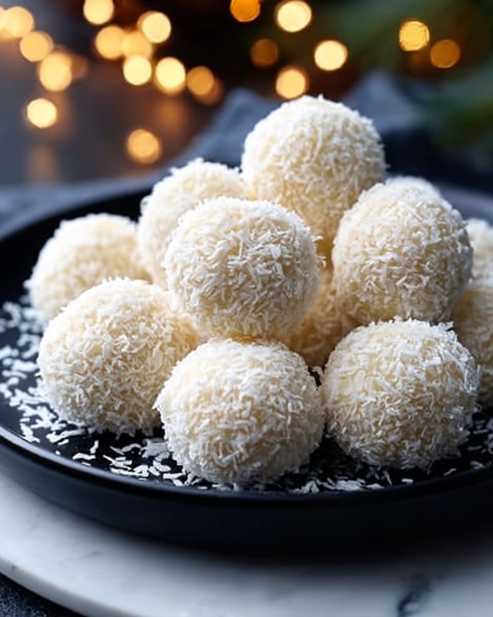 A black round plate with a white rim is filled with about thirty small round balls that are light yellow, covered fully in white shredded coconut, showing a rough texture. The plate sits on a wooden slice with rough edges. Around the plate are several small pine cones and a white cloth with green holly leaves and red berries patterns. The whole scene is on a white marbled surface. photo taken with an iphone --ar 4:5 --v 7
