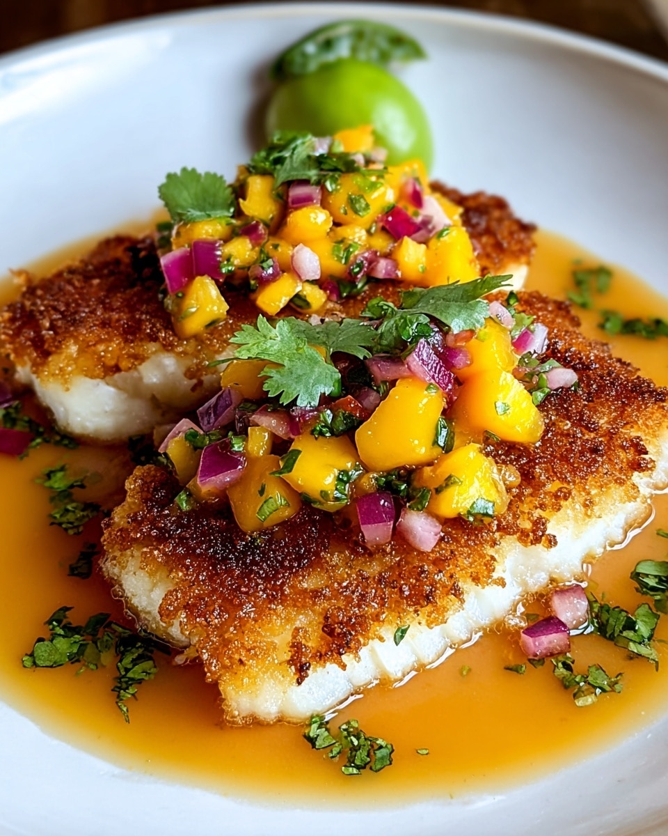 A white plate with two fried fish fillets, each golden brown with a crispy texture on top. The fish layers show a white flaky inside beneath the crispy crust. On top of the fish, there is a bright salsa made of small yellow mango cubes, chopped red onions, and green cilantro leaves scattered around. Below the fish, there is a thin pool of light orange sauce. In the background, a small green lime slice is placed on the plate, adding a fresh touch. The dish is presented on a white marbled texture surface. photo taken with an iphone --ar 4:5 --v 7