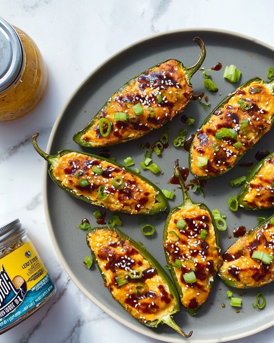 The image shows six stuffed jalapeño halves arranged on a round white plate, placed on a white marbled surface. Each jalapeño is filled with a creamy, orange-yellow mixture that is slightly browned and bubbly on top, giving a toasted texture. Dark brown sauce is drizzled over the filling, and the jalapeños are sprinkled with small white sesame seeds and bright green chopped scallions. Nearby, on the marble surface, is a round jar with a yellow lid and label visible but partially cut out of the frame. The overall presentation is neat, with the jalapeños evenly spaced in a circular pattern. photo taken with an iphone --ar 4:5 --v 7