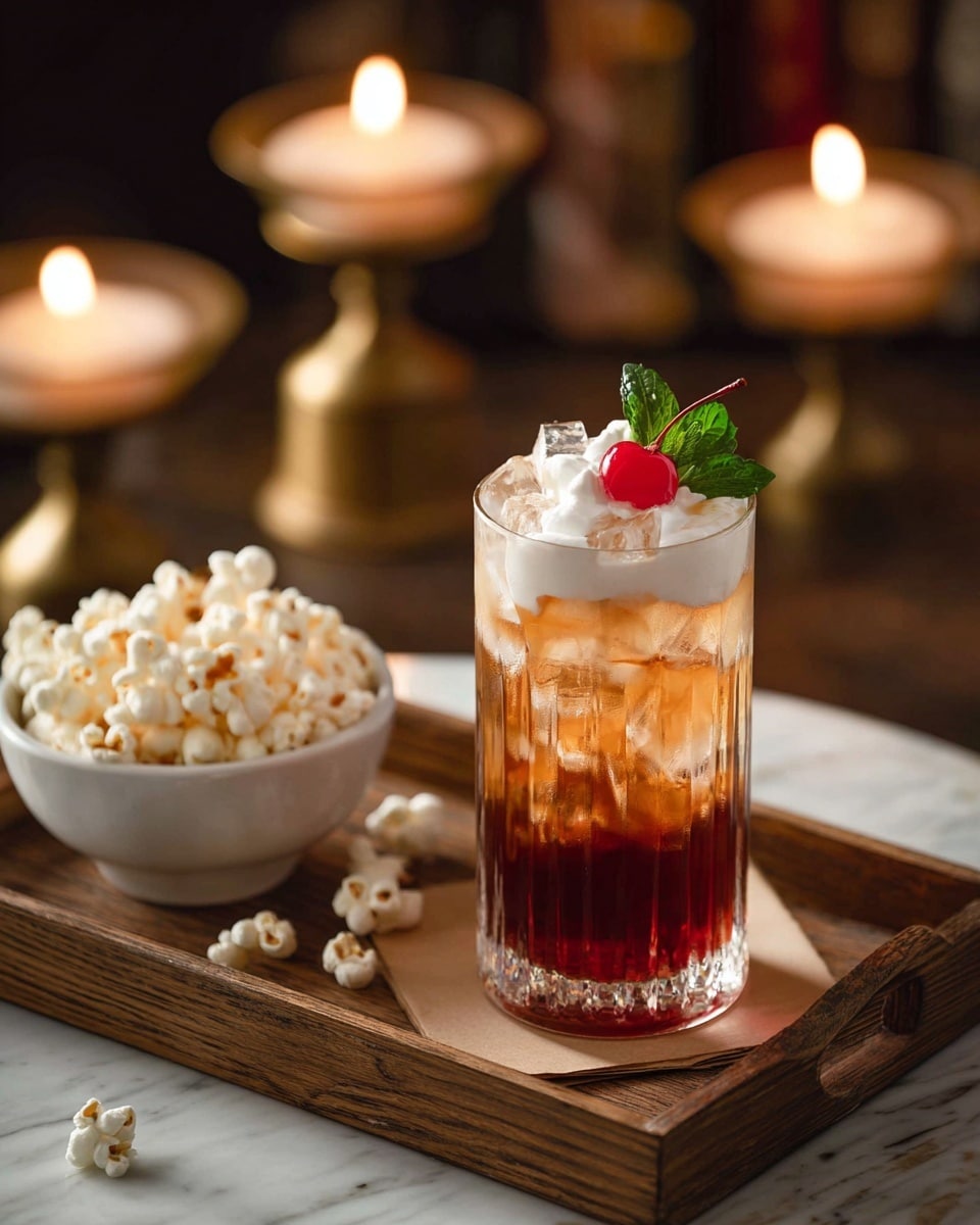 A clear glass sits on a wooden tray lined with a light brown paper, filled with a three-layered drink: the bottom layer is deep red, the middle layer is amber with ice cubes visible, and the top layer is frothy white cream lightly spilling over the edge. A bright red cherry with a stem and a small green mint leaf crown the drink, adding a fresh touch. Nearby, a white bowl filled to the top with fluffy popcorn rests on the same tray, with a few popcorn pieces scattered outside it. In the background, two brass candle holders hold lit white candles, softly glowing against a dark, blurred setting, all placed on a white marbled surface. photo taken with an iphone --ar 4:5 --v 7