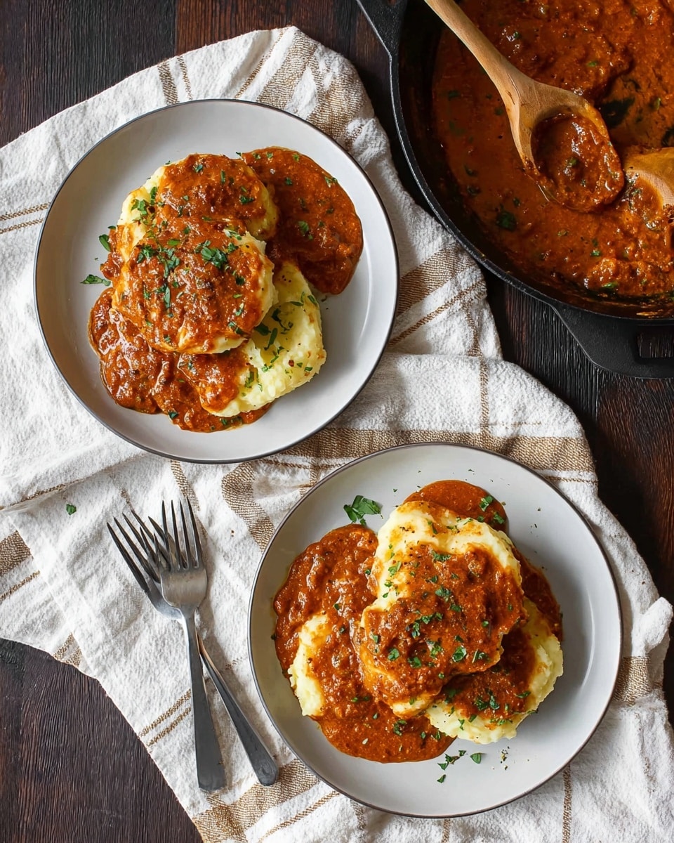 Two white plates each hold several fluffy, pale yellow mashed potato rounds stacked in layers. These potato pieces are generously covered with a thick, creamy reddish-brown sauce that has a chunky texture with visible small bits, possibly meat or vegetables. The sauce is sprinkled with chopped green herbs, adding a fresh contrast on top. The plates sit on a white cloth with brown stripes, placed on a dark wood surface. To the top right, a black skillet holds more of the same sauce, with a wooden spoon resting inside. Two silver forks lie next to the plates on the cloth. Photo taken with an iphone --ar 4:5 --v 7