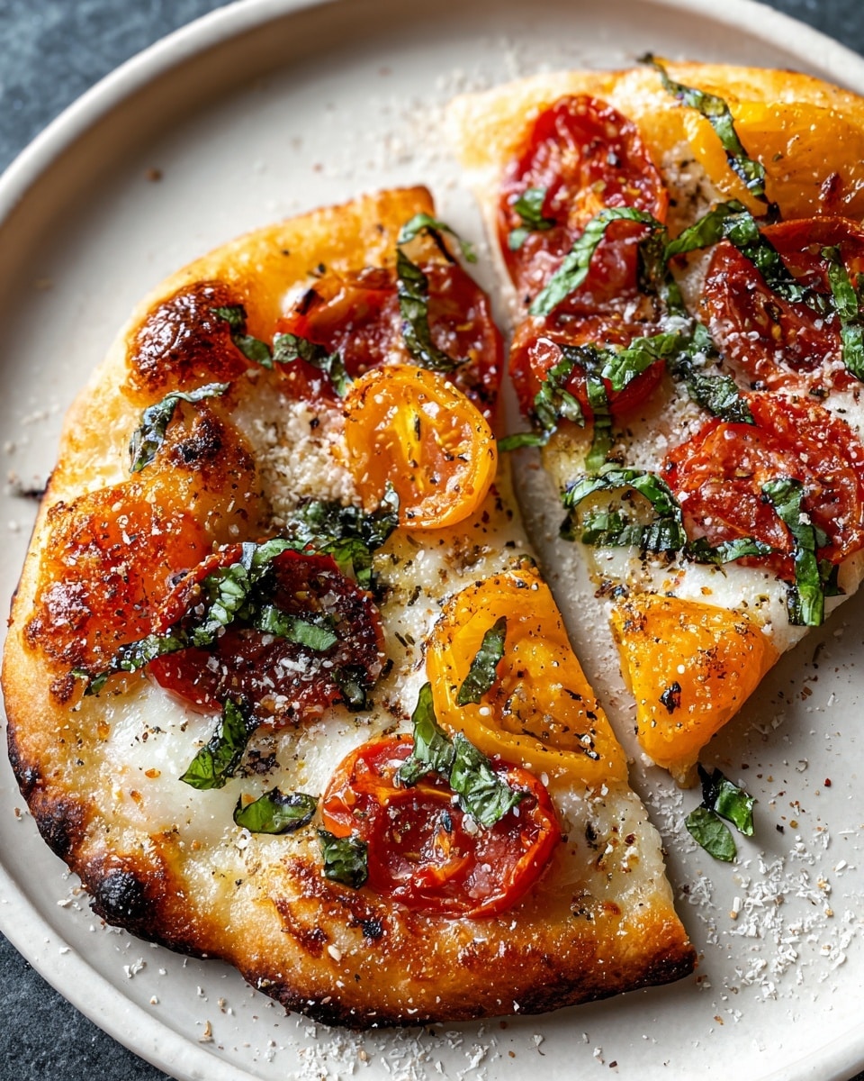 A small pizza cut into two slices sits on a white plate on a white marbled surface. The pizza has a golden-brown crust with slightly charred spots. The base is covered with melted white cheese, topped with vibrant red and orange slices of roasted tomatoes that have a slightly wrinkled texture. Fresh green basil leaves are scattered over the top along with a dusting of grated cheese and black pepper, adding a speckled texture. The overall look is warm, rustic, and colorful, with juicy, fresh ingredients visible on each slice. photo taken with an iphone --ar 4:5 --v 7