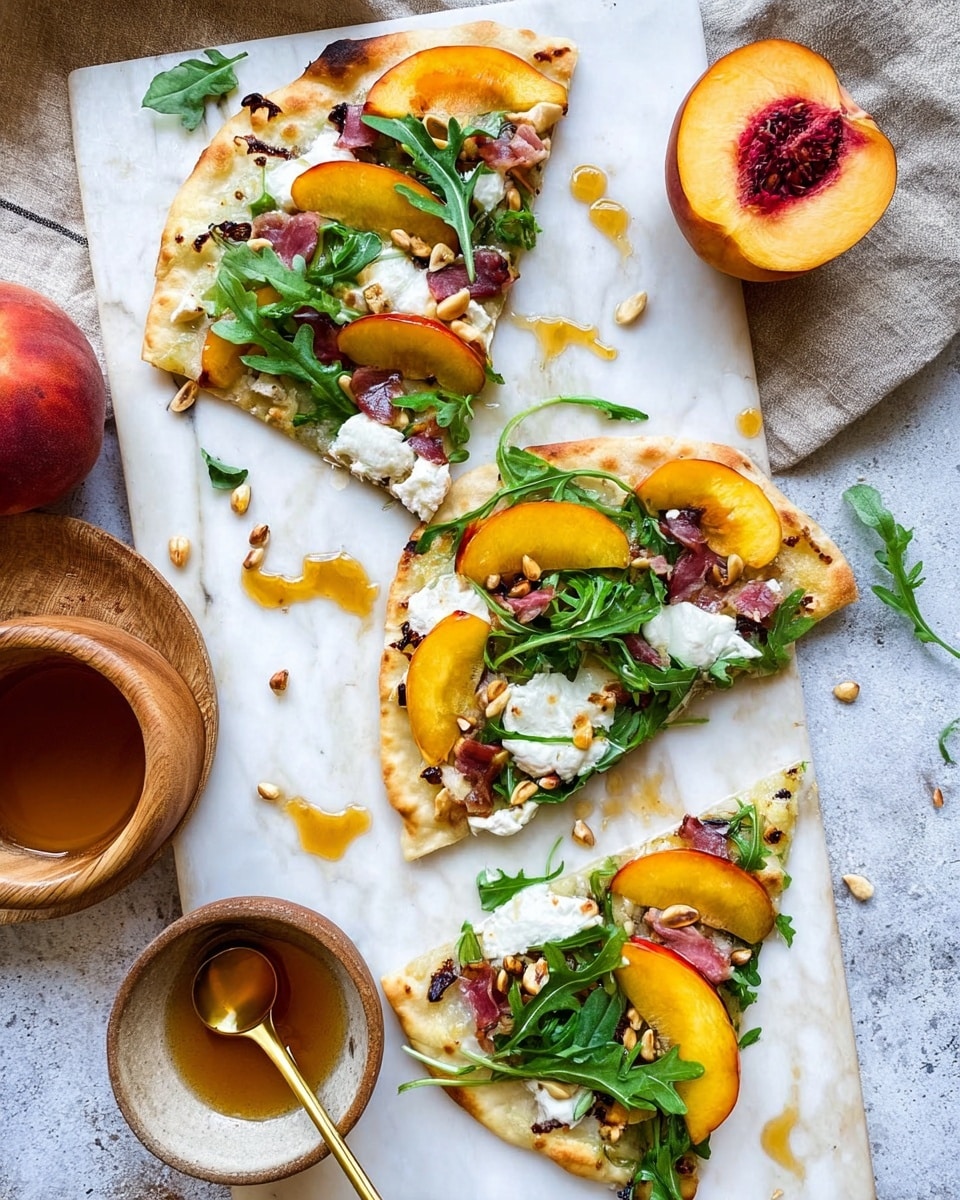 The image shows three slices of flatbread pizza on a white marbled surface. Each slice has a light golden-baked crust topped with thin orange-yellow peach slices, dark green arugula leaves, small pieces of pinkish cured meat, and white dollops of creamy cheese. There are scattered toasted pine nuts and a drizzle of amber honey over and around the pizza. Near the slices, there is a whole peach and a peach half showing the large seed. A small round bowl holds more honey with a golden spoon resting inside. The whole scene is bright and inviting. photo taken with an iphone --ar 4:5 --v 7