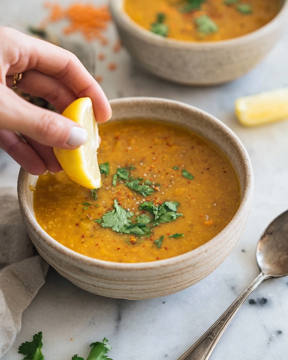 A close-up view of a bowl filled with orange lentil soup garnished with green cilantro leaves on the surface. The bowl is textured with a light, natural tone and sits on a white marbled texture. A woman's hand is holding and squeezing a half-cut yellow lemon above the soup. To the right, a shiny silver spoon rests on the white marbled surface. In the background, another bowl of the same soup is partially visible, along with a few scattered lentils and a lemon piece. The scene has a fresh and warm feel. photo taken with an iphone --ar 4:5 --v 7