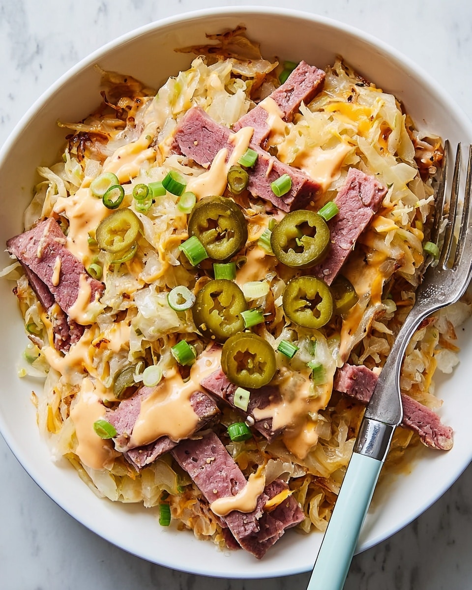This dish is served in a white bowl placed on a white marbled surface. It has several layers starting with a base of pale yellow shredded cabbage mixed with lighter and softer sauerkraut textures. On top, there are thick slices of pinkish-brown meat arranged evenly. Scattered throughout are small, round green pickle slices and thin rings of light green scallions. The entire dish is covered with melted, creamy yellow cheese that stretches lightly over the ingredients, with a drizzle of a light orange creamy dressing spread unevenly across the top. A shiny silver fork with a light blue handle rests inside the bowl on the right side. photo taken with an iphone --ar 4:5 --v 7