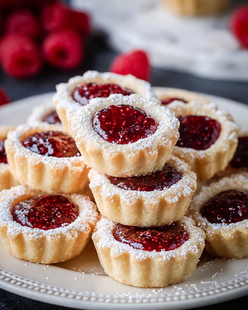 A group of small tartlets arranged on a white plate with a detailed edge, each tartlet having three layers: a light golden, crumbly pastry base, a powdered sugar dusting on the top edge creating a soft white border, and a glossy, deep red raspberry jam filling in the center with visible raspberry seeds. The tartlets are stacked slightly on each other, showing their scalloped edges clearly, and the background has a white marbled texture with some out-of-focus raspberries adding a touch of red. photo taken with an iphone --ar 4:5 --v 7