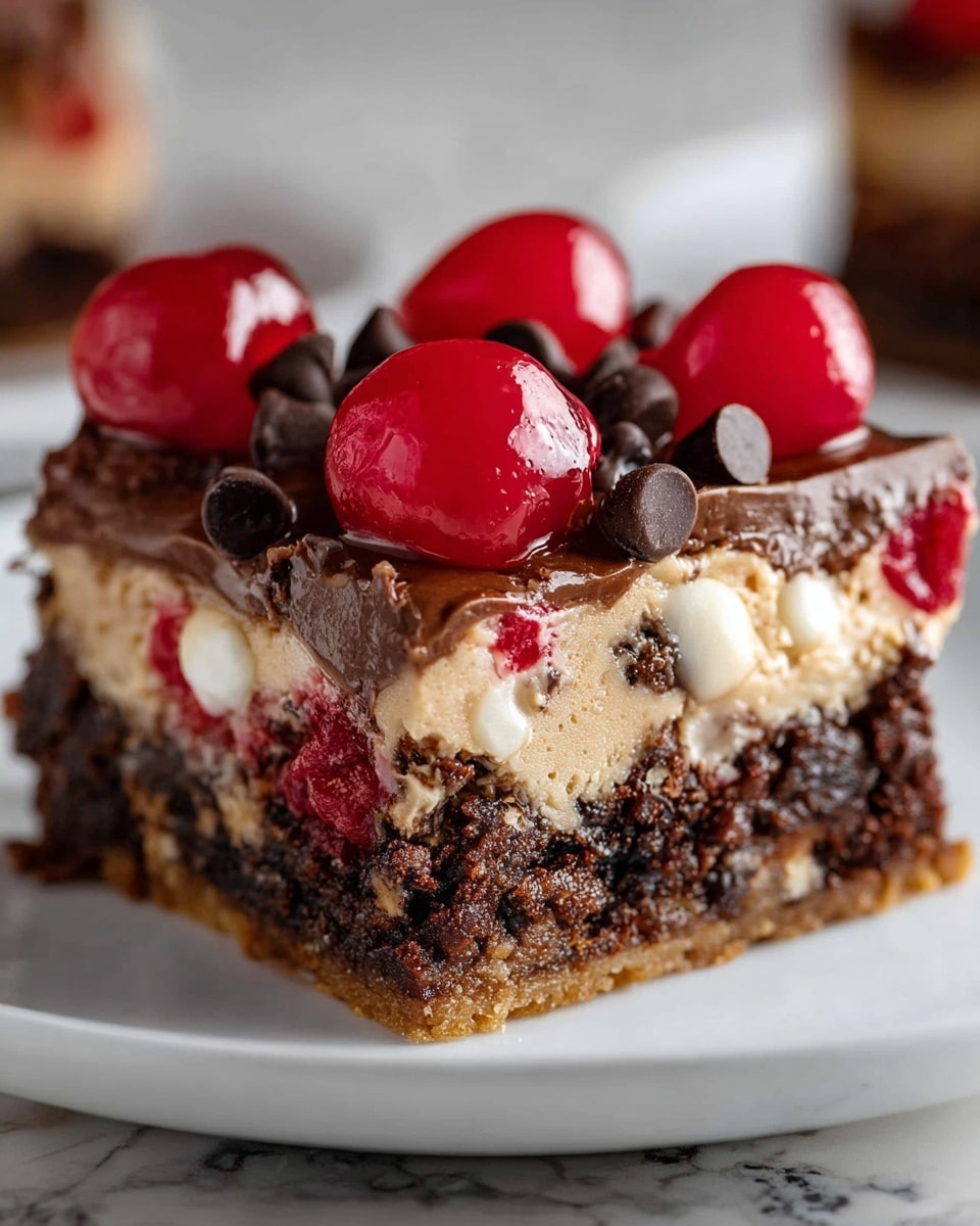 A close-up of a square dessert bar on a white plate shows four clear layers: the bottom layer is a thin, golden brown crust; above that is a thick, dark brown chunked brownie layer; on top of the brownie is a lighter, creamy beige layer mixed with bits of white and red cherry pieces; finishing the dessert is a smooth chocolate layer topped with bright red whole cherries and scattered dark chocolate chips. The background is a white marbled texture. Photo taken with an iphone --ar 4:5 --v 7