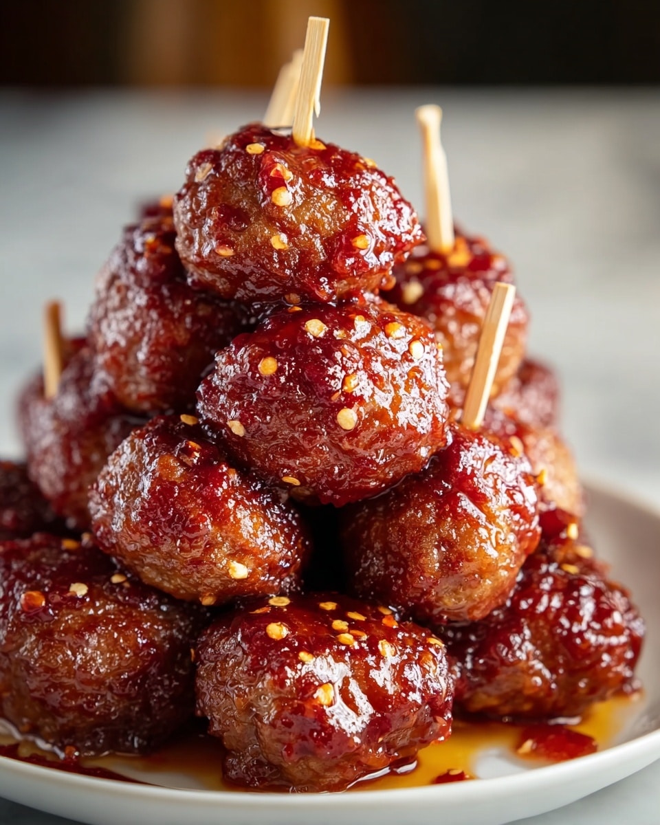 A pile of small meatballs covered in a shiny reddish-brown sticky glaze with visible specks of red chili flakes on their surface, each meatball held together by a small wooden toothpick, stacked in three layers on a white plate, with the glaze slightly dripping onto the plate, set against a blurred soft background and a white marbled texture beneath. photo taken with an iphone --ar 4:5 --v 7