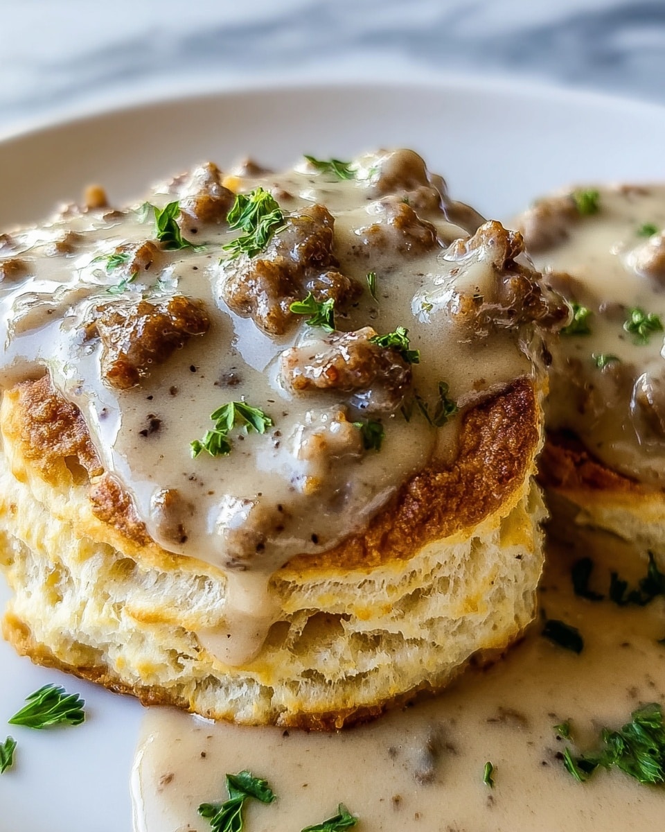 The image shows a close-up of a fluffy biscuit topped with a thick layer of creamy sausage gravy. The biscuit is golden brown with a soft and airy texture visible in its layers. The gravy is light beige with small chunks of browned sausage and specks of black pepper, generously covering the biscuit and pooling slightly around it. Small green parsley pieces are sprinkled on top and scattered around the biscuit, adding color contrast. The biscuits are placed on a white plate set on a white marbled texture. photo taken with an iphone --ar 4:5 --v 7