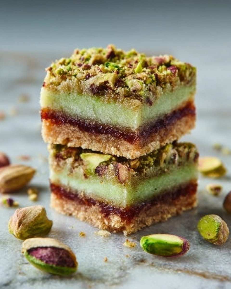 The image shows two square pieces of dessert stacked on top of each other on a white marbled surface. Each piece has three visible layers: the bottom layer is a light green color with a soft, crumbly texture; the middle layer is a thin, dark reddish-brown layer resembling a jam or thick sauce; the top layer is a mix of crushed nuts, mainly pistachios, giving a rough, uneven texture with different shades of green and beige. Some pistachio nuts are scattered around the base of the stack. Photo taken with an iphone --ar 4:5 --v 7