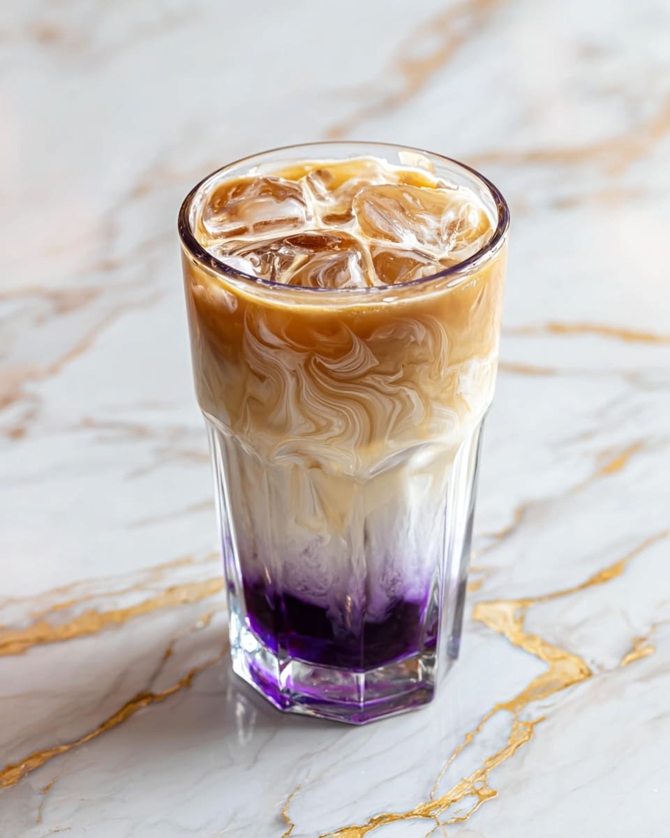 A clear glass contains a three-layered iced drink set on a white marbled surface with gold streaks. The bottom layer is a deep purple liquid with a smooth texture. Above it is a creamy white layer that swirls gently into the purple, creating a marbled effect. The top layer is a light tan color, topped with white cream swirled with tan lines in a circular pattern. Ice cubes float on the top layer, adding a glossy texture. The glass is tall and faceted, capturing the light and colors inside. photo taken with an iphone --ar 4:5 --v 7
