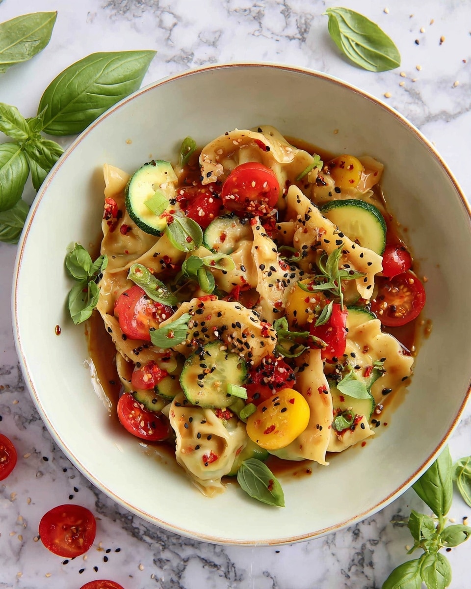 A white bowl holds a colorful dumpling salad with about five dumplings, folded and light golden, spread across the bowl. Mixed within and on top are small red and yellow cherry tomatoes, green cucumber slices, and fresh basil leaves. The dish is sprinkled with black sesame seeds and small bits of red chili, with a glossy sauce coating all pieces, giving a shiny look. The bowl is set on a white marbled surface with scattered basil leaves and small bits of black sesame around it. Photo taken with an iphone --ar 4:5 --v 7