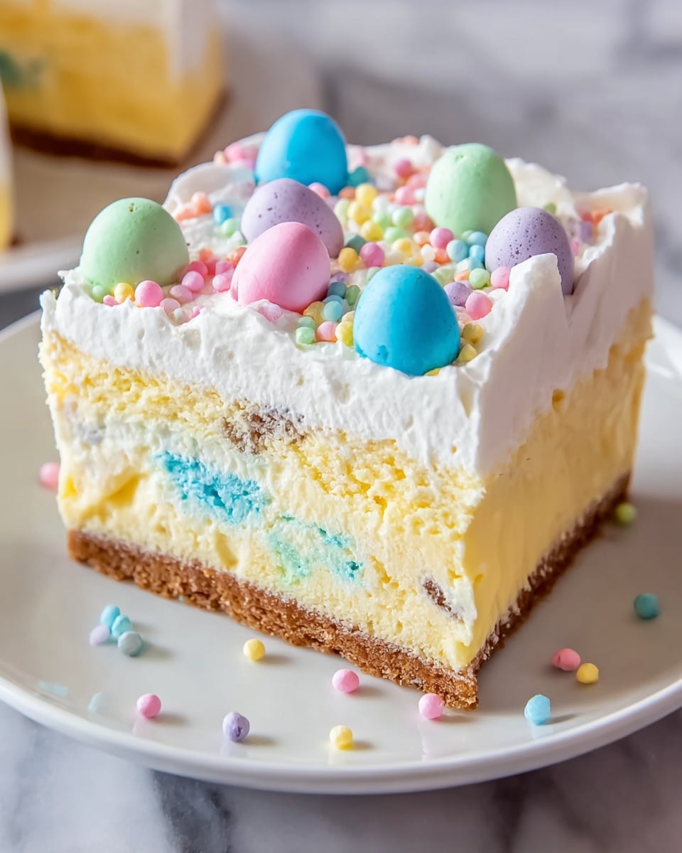 A close-up image of a slice of layered cake on a white plate shows three main layers: a bottom thin brown crust, a thick creamy yellow cake layer with some blue spots mixed in, and a thick white whipped cream topping. The cream top is decorated with small, smooth pastel-colored candy eggs in pink, blue, green, and yellow, along with tiny, colorful round sprinkles scattered across. The plate rests on a white marbled surface. Photo taken with an iphone --ar 4:5 --v 7