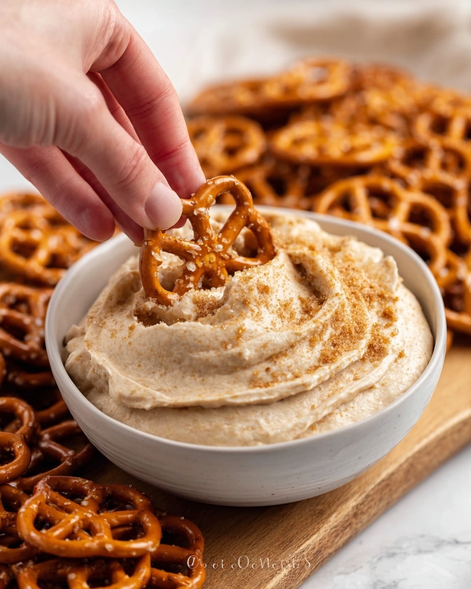A close-up image showing a white bowl filled with a creamy, light beige dip that has a soft, thick texture and is sprinkled with light brown crumbs on top. Surrounding the bowl and partly under it, there are many golden-brown pretzel crisps with a shiny surface and visible grains of salt. A woman's hand is holding one pretzel crisp, dipping it into the creamy mixture. The bowl and pretzels are placed on a wooden board on a white marbled surface. Photo taken with an iphone --ar 4:5 --v 7