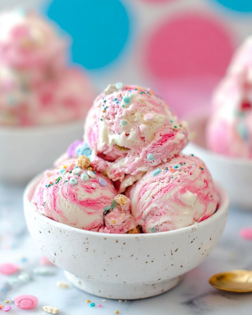 A close-up of a white bowl with soft pink swirls filled with several scoops of pink and cream-colored ice cream mixed with colorful sprinkles and small candy pieces, giving it a fun and playful look. The ice cream is creamy with a smooth texture and tiny bits of crunchy toppings scattered throughout. The bowl sits on a white marbled surface, and in the background, there are more similar bowls with pink ice cream and blurred blue circular shapes. The photo has a bright, cheerful feel with the ice cream as the main focus. Photo taken with an iphone --ar 4:5 --v 7