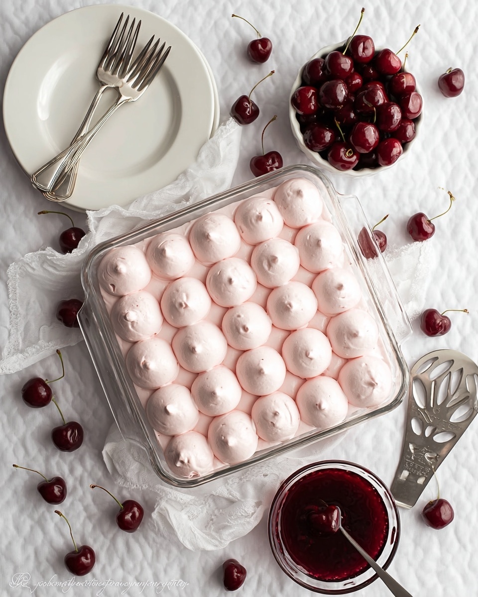 A clear square glass dish filled with a single layer of smooth pale pink cream, topped with four rows of rounded dollops of the same cream, each dollop glossy and softly textured. To the top left, there is a white plate holding two silver forks, and near it, a small white bowl is filled with shiny deep red cherries with stems. To the right of the dish, a small clear glass bowl holds rich dark red cherry sauce with a silver spoon resting inside. Scattered around on a white marbled textured cloth are several loose cherries, and at the bottom right, a silver pie server with cut-out designs lies next to the dish. Photo taken with an iphone --ar 4:5 --v 7
