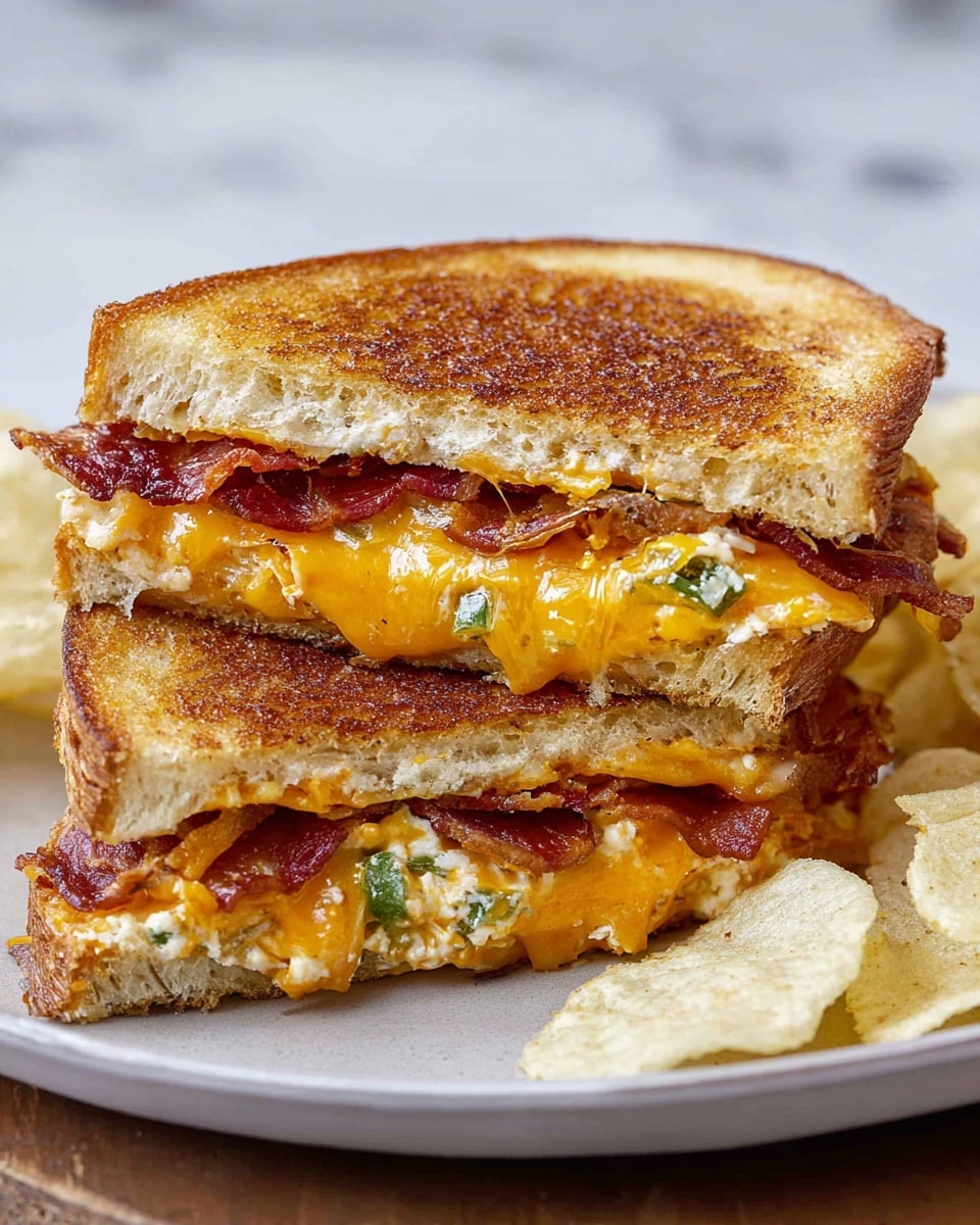 The image shows a grilled sandwich cut in half and stacked. Each sandwich half has three layers: the top and bottom are golden-brown toasted bread with a crisp texture; the middle layer is bright orange melted cheese that looks creamy and smooth; the next layer is crispy bacon pieces with a deep reddish color; and the innermost layer is a white creamy spread mixed with chopped green jalapeños, giving a textured and slightly chunky look. The sandwich sits on a round white plate with some light beige potato chips on the side, all placed on a white marbled surface. photo taken with an iphone --ar 4:5 --v 7