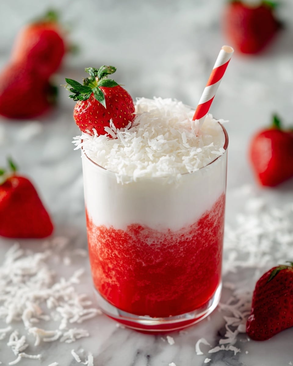 The image shows a clear glass with two layers: the bottom layer is bright red with a textured, slightly chunky look suggesting a strawberry base, while the top layer is a thick, smooth white cream that slightly blends into the red below. The drink is topped with white shredded coconut and has a red and white striped straw placed in the center. A fresh red strawberry with green leaves is attached to the rim of the glass. The glass sits on a white marbled surface with red strawberries and shredded coconut scattered around. Photo taken with an iphone --ar 4:5 --v 7