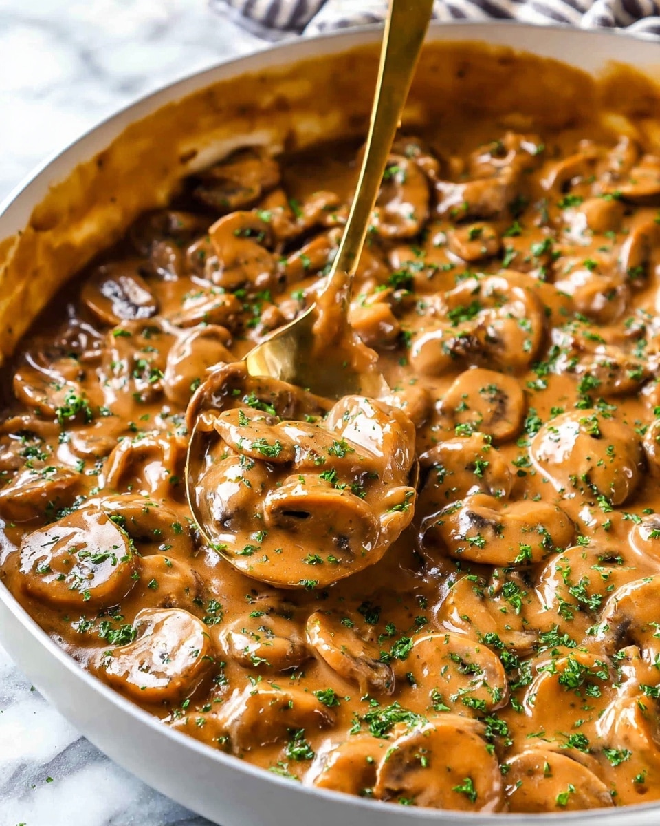 A close-up of a white pan filled with creamy mushroom sauce, showing many slices of light brown mushrooms in a thick, glossy, brown sauce with visible herbs like chopped green parsley scattered on top. A shiny gold spoon is dipped into the sauce, lifting a portion of the mushrooms, with the texture looking smooth and rich. The background is a white marbled surface. photo taken with an iphone --ar 4:5 --v 7