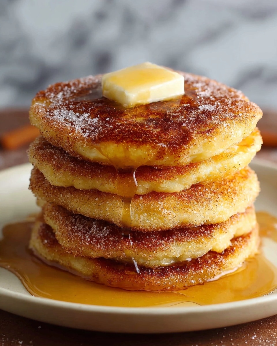 A stack of five golden-brown pancakes covered with a layer of cinnamon sugar, sitting on a white plate. Each pancake looks thick and fluffy, with slightly crisp edges. On the top pancake, there is a melting square of butter with syrup slowly dripping down the sides of the stack onto the plate. The background shows a soft focus with a white marbled texture. photo taken with an iphone --ar 4:5 --v 7