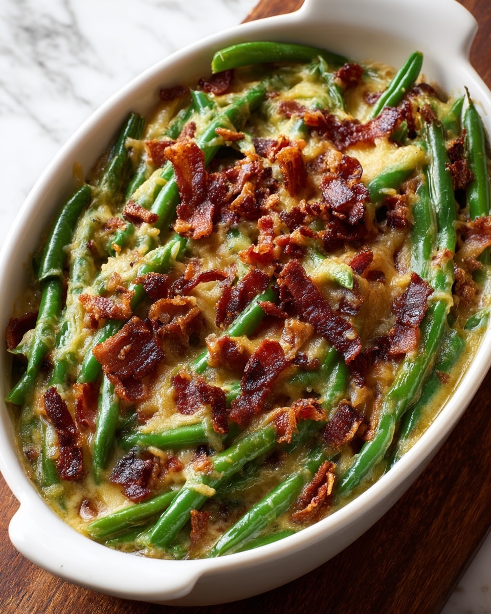 The image shows a white oval casserole dish filled with a green bean casserole. The bottom layer consists of bright green beans, above which there is a golden, melted cheese sauce that covers the beans unevenly. Scattered on top are dark reddish-brown crispy bacon pieces, adding a crispy texture and rich color contrast. The casserole dish is placed on a white marbled surface with a wooden area visible to the side. The photo is close-up, capturing the textures of the fresh green beans, melted cheese, and crispy bacon in sharp detail. Photo taken with an iphone --ar 4:5 --v 7