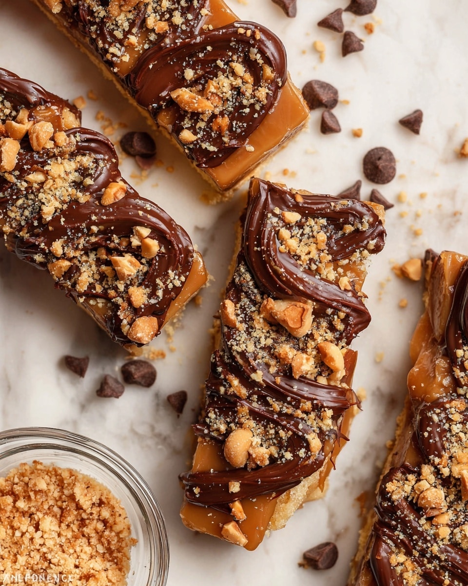 The image shows several crescent-shaped snacks with three visible layers: the bottom is a light golden crispy base, the middle is a thick layer of caramel in a warm amber color, and the top is dark brown chocolate drizzled in wavy lines, sprinkled with small, crunchy light tan nut pieces. Around the snacks, there are scattered small dark brown chocolate chips and a glass bowl filled with chopped nuts on the left side, all placed on a white marbled texture. The focus is close up, showing the glossy and textured details of the caramel, chocolate, and nuts. Photo taken with an iphone --ar 4:5 --v 7