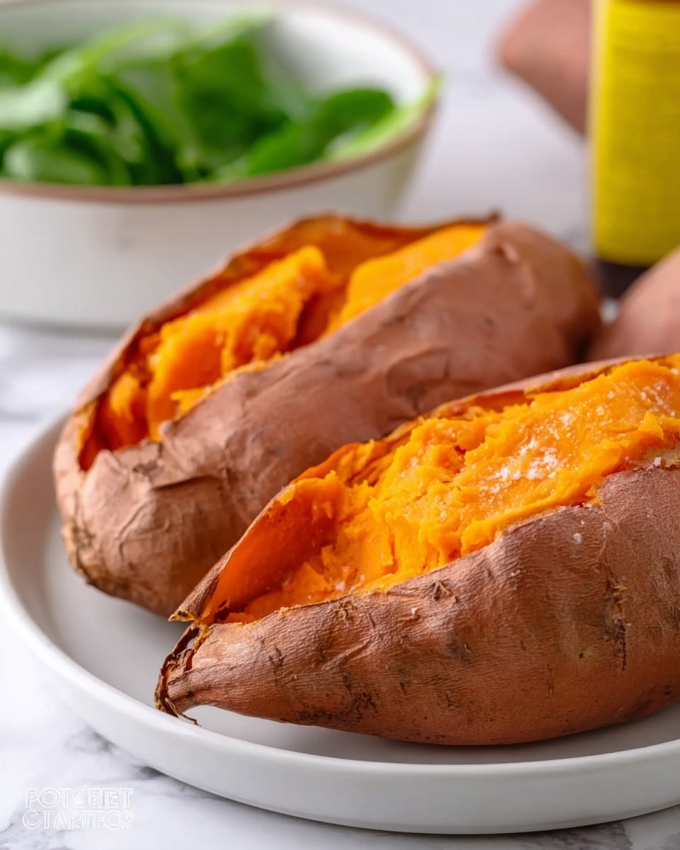 Two baked sweet potatoes placed side by side in a white bowl, each cut open in the middle to reveal bright orange, soft, and smooth flesh inside. The outer skin of the sweet potatoes is light brown with a slightly wrinkled texture, showing a few small dark spots. In the background, a clear bowl with green vegetable pieces and a partially visible yellow container sit on a white marbled surface. The image focuses closely on the sweet potatoes, capturing their moist texture and natural color contrast. photo taken with an iphone --ar 4:5 --v 7