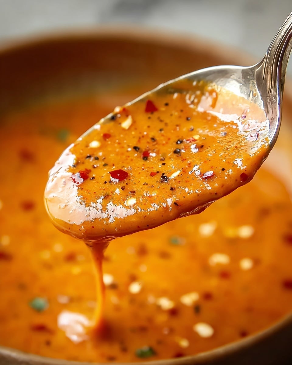 A close-up photo of a silver spoon holding creamy orange sauce with visible red chili flakes and tiny herbs scattered throughout. The sauce looks thick and smooth with small bubbles and a glossy texture, dripping slowly off the edge of the spoon. The background is blurred but shows more of the same chili-flecked sauce filling the container beneath. Photo taken with an iphone --ar 4:5 --v 7